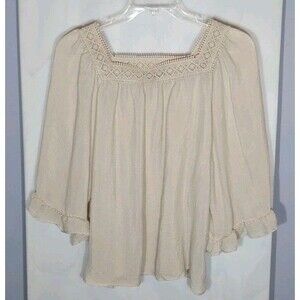 Zac & Rachel Ivory Boho Blouse Women’s 1X Crochet Square Neck Flutter Sleeve
